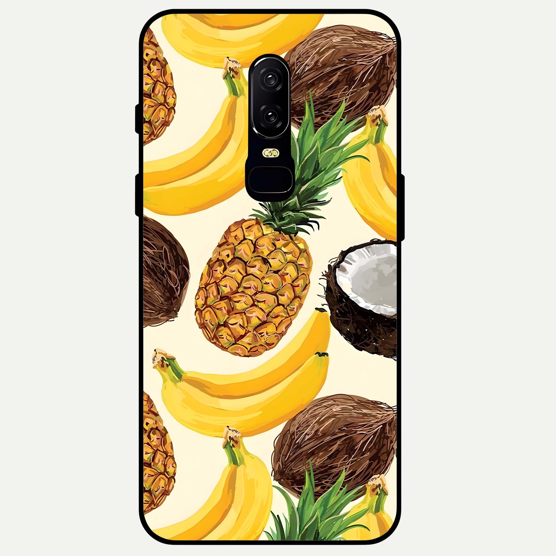 Tropical Fruit Mood Glass Case captured at a warm angle highlighting juicy color tones, gloss, and edge clarity.