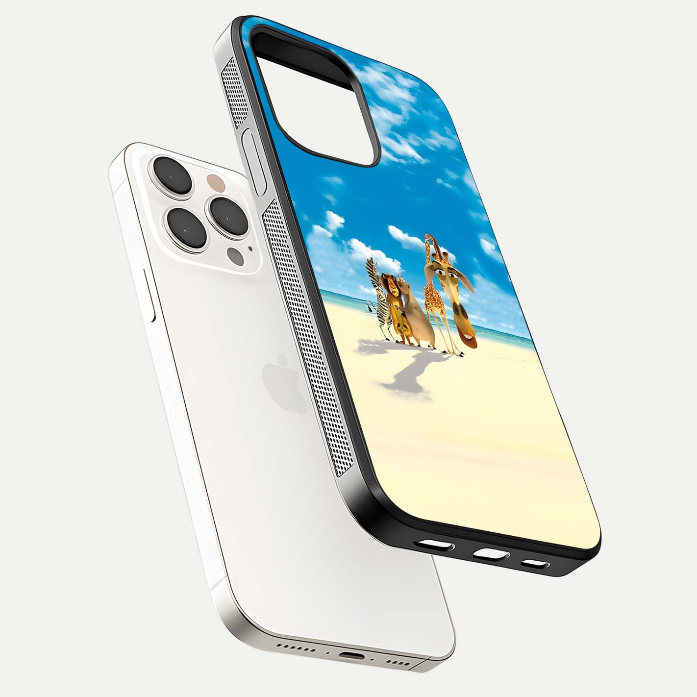 Tropical Fun Squad Glass Case for iPhone 15 Pro Max floating dual-view mockup displaying gloss reflection and contrast