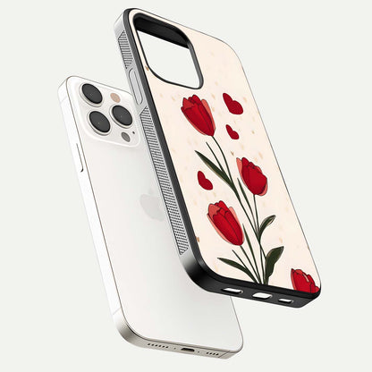 Tulip With Heart Glass Case for iPhone 15 Pro Max floating dual-view mockup displaying gloss texture and shine
