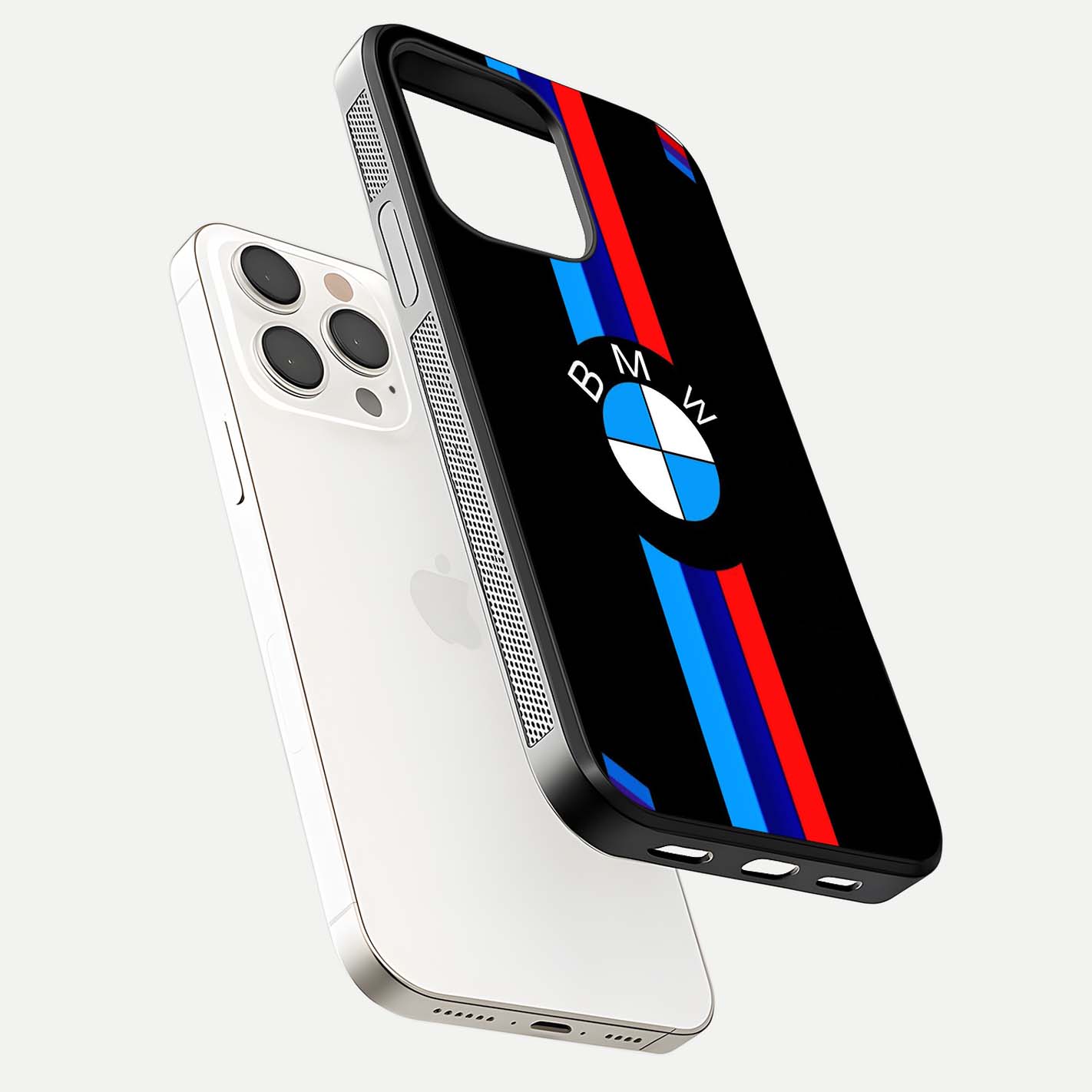 Turbo BMW Beast Glass Case for iPhone 15 Pro Max floating dual-view mockup displaying gloss texture and vivid print