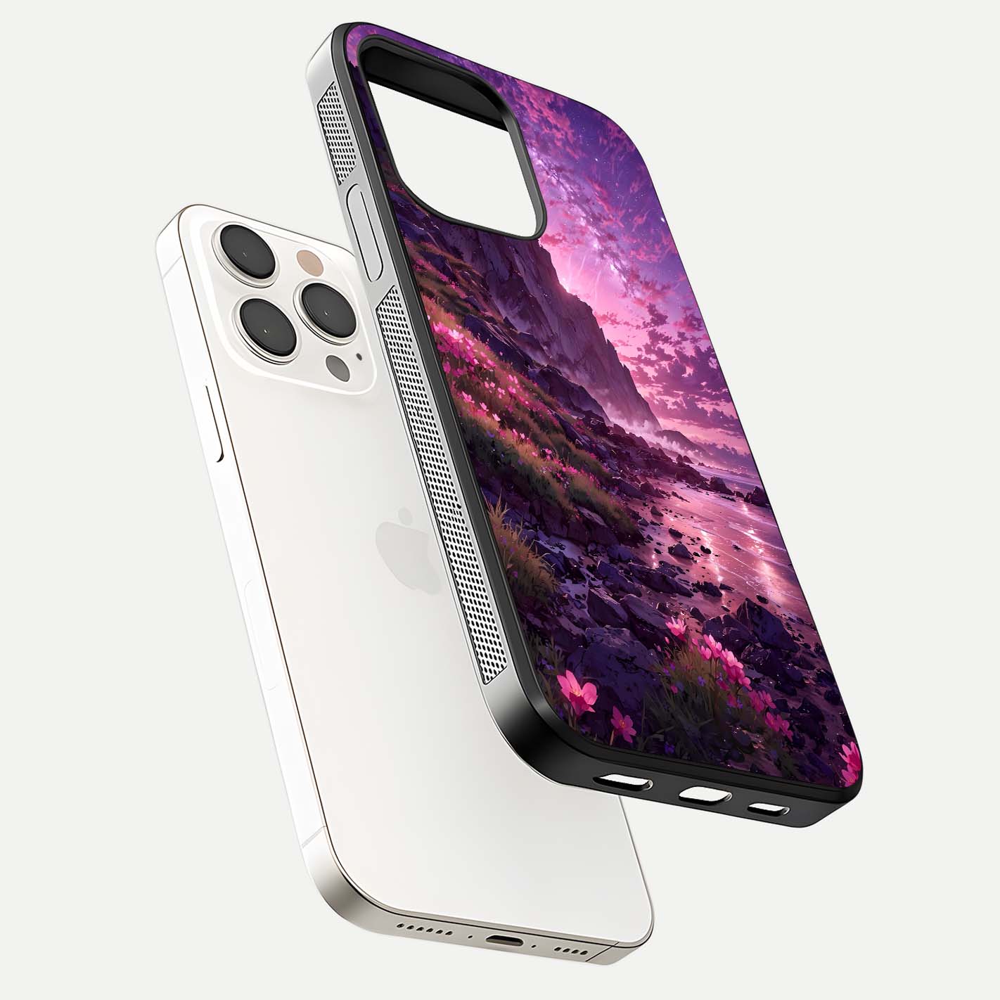 Twilight Blossom Coast Glass Case for iPhone 15 Pro Max floating dual-view mockup displaying gloss surface and detail