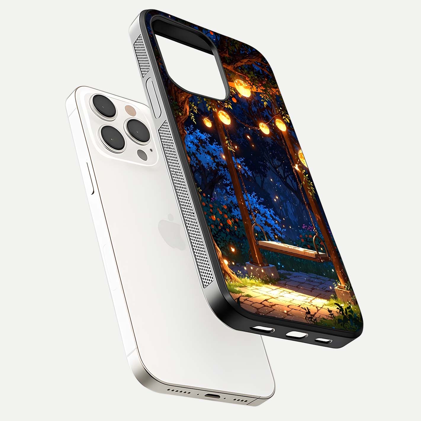 Twilight Garden Swing Glass Case for iPhone 15 Pro Max floating dual-view mockup displaying gloss and tone balance