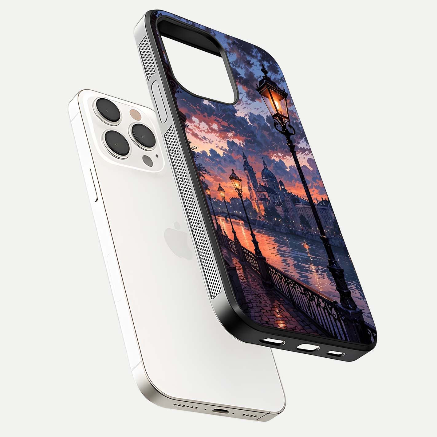 Twilight River Lights Glass Case for iPhone 15 Pro Max floating dual-view mockup displaying gloss shine and vivid details