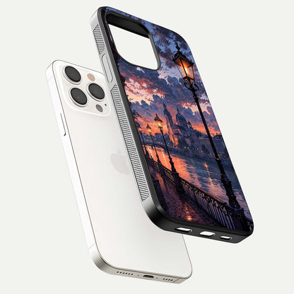 Twilight River Lights Glass Case for iPhone 15 Pro Max floating dual-view mockup displaying gloss shine and vivid details