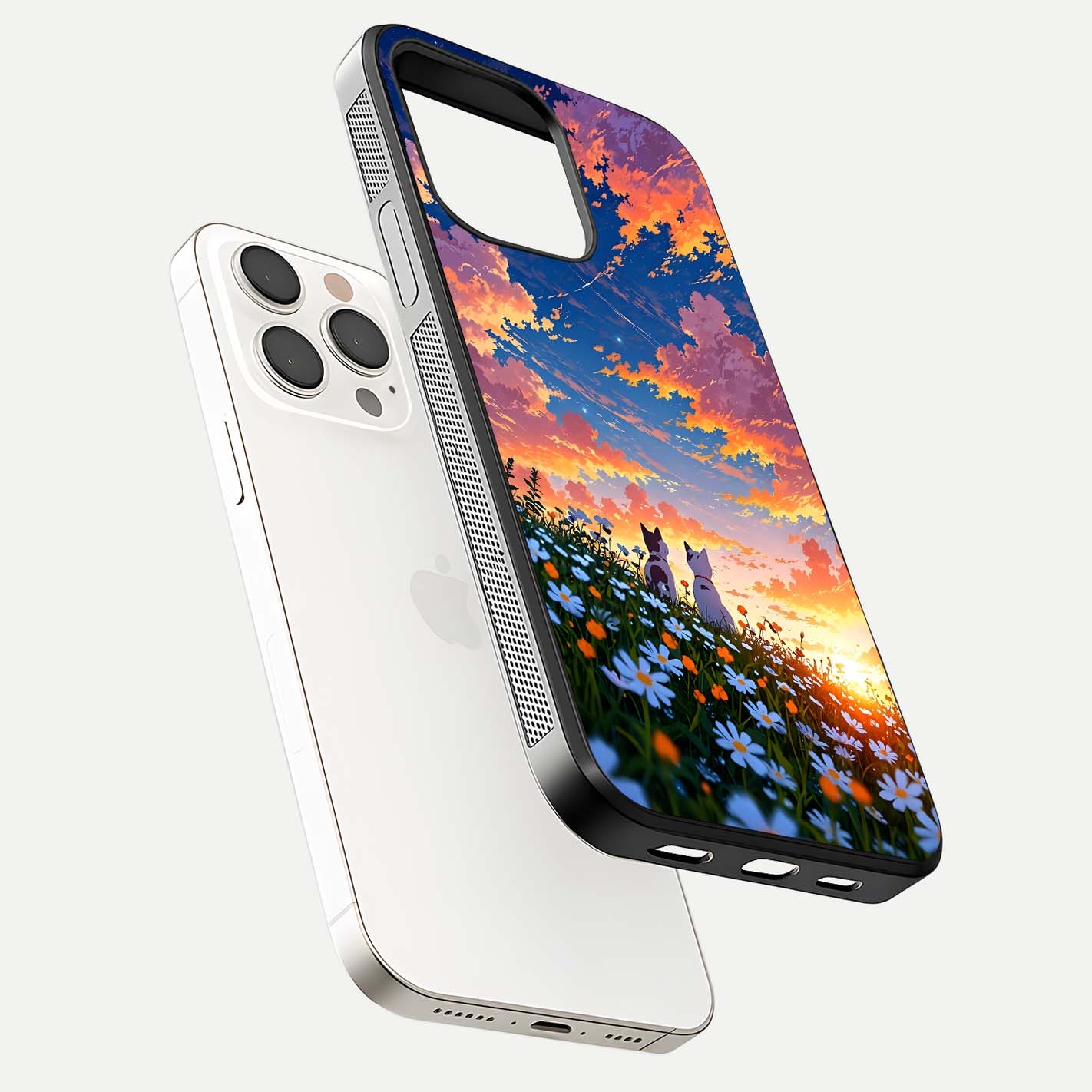 Two Cats Friends Glass Case for iPhone 15 Pro Max floating dual-view mockup displaying gloss surface and HD print