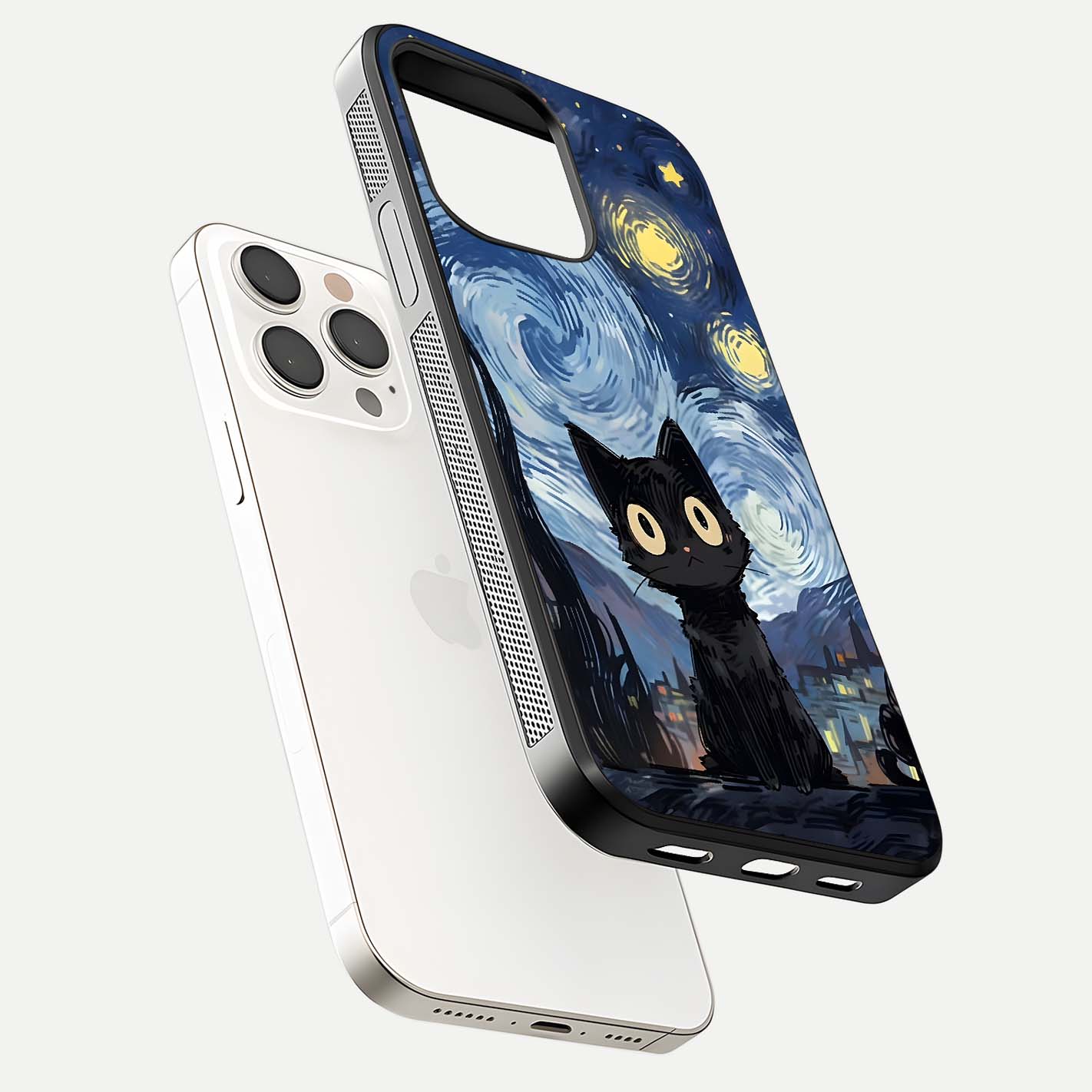 Van Gogh Cat Glass Case for iPhone 15 Pro Max floating dual-view mockup displaying gloss shine and artistic texture