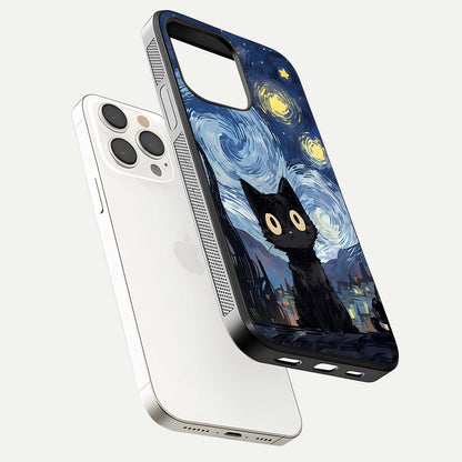 Van Gogh Cat Glass Case for iPhone 15 Pro Max floating dual-view mockup displaying gloss shine and artistic texture