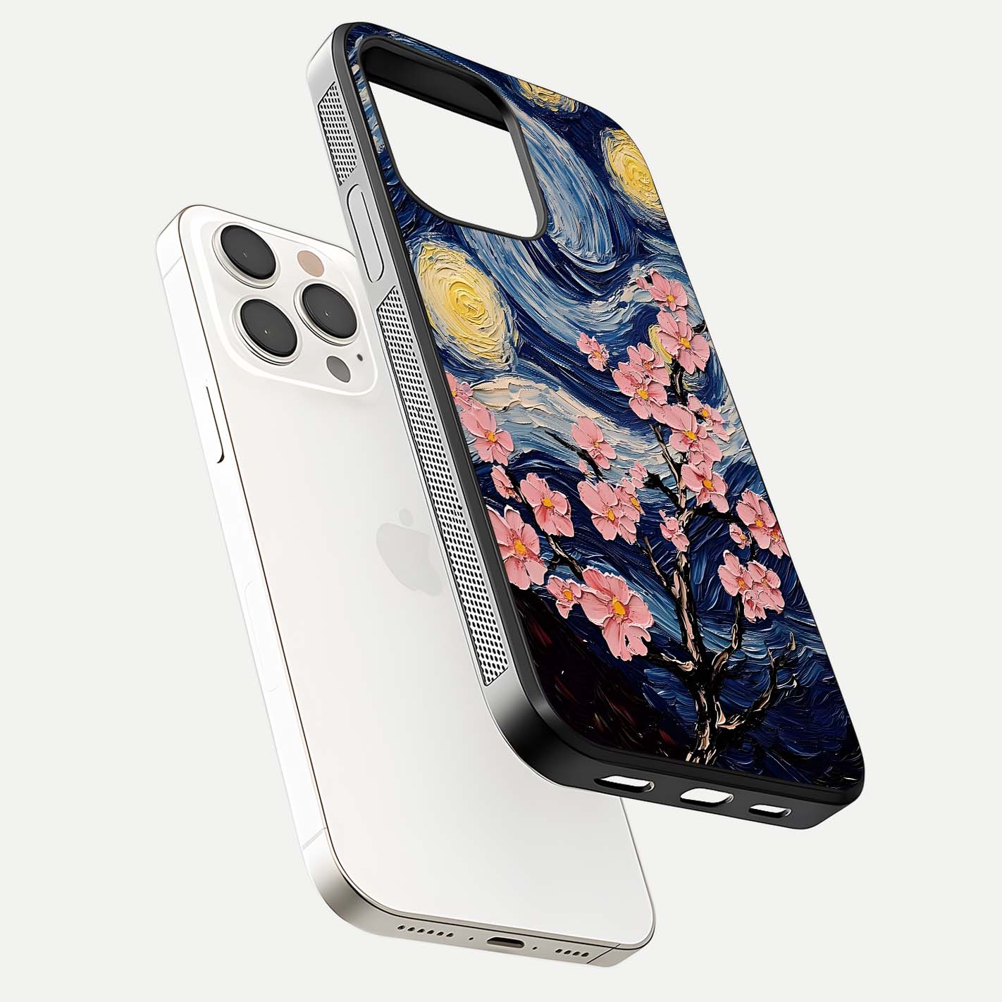Van Gogh Scenery Glass Case for iPhone 15 Pro Max floating dual-view mockup displaying gloss reflection and HD quality