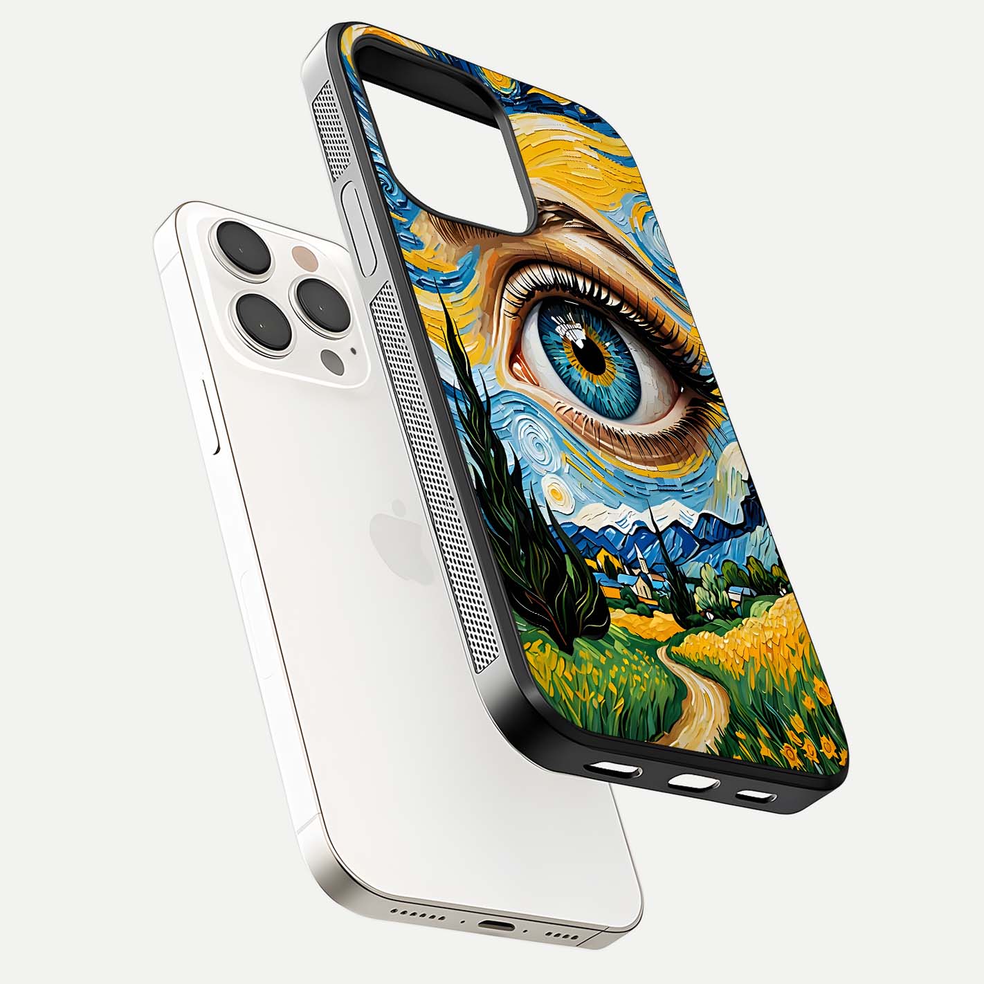 Van Gogh Eye Glass Case for iPhone 15 Pro Max floating dual-view mockup displaying gloss texture and depth