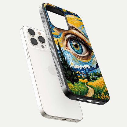 Van Gogh Eye Glass Case for iPhone 15 Pro Max floating dual-view mockup displaying gloss texture and depth