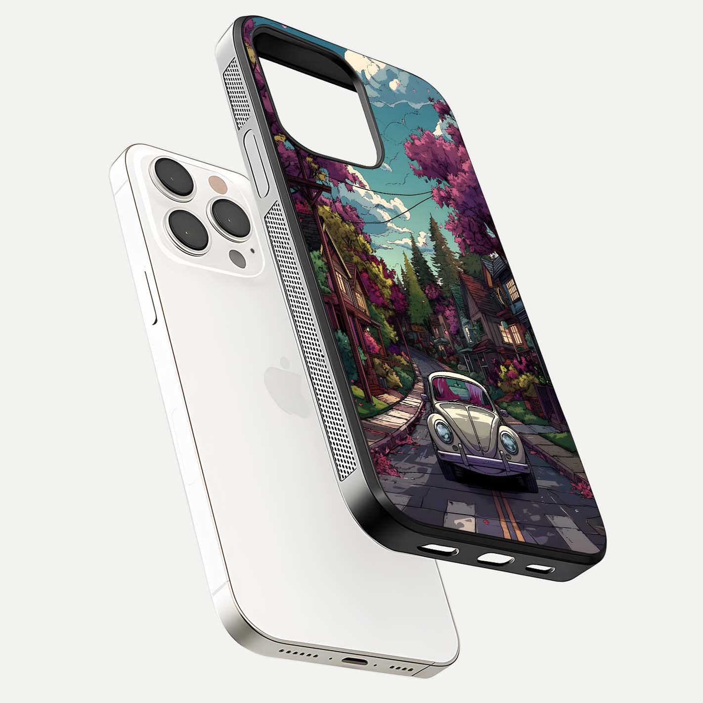 Vintage Street Drive Glass Case for iPhone 15 Pro Max floating dual-view mockup displaying gloss shine and texture