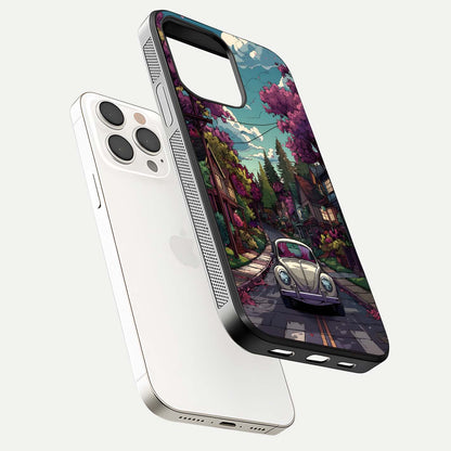 Vintage Street Drive Glass Case for iPhone 15 Pro Max floating dual-view mockup displaying gloss shine and texture