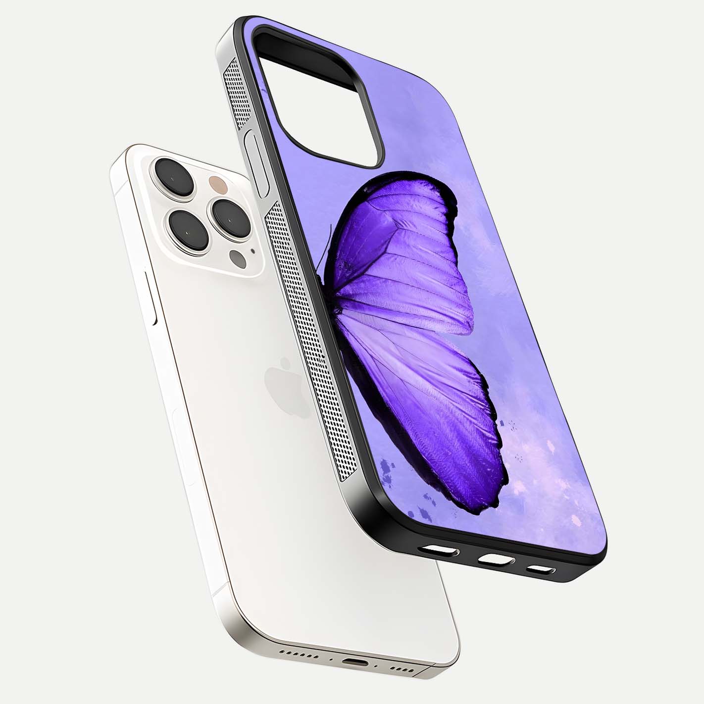 Violet Dream Wing Glass Case for iPhone 15 Pro Max floating dual-view mockup displaying gloss depth and clarity