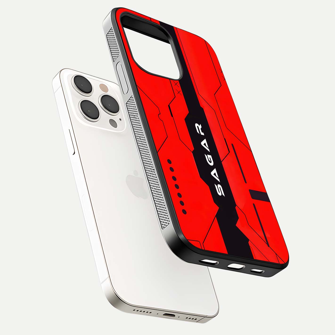 Voltage Rise CYBERPUNK Custom Name Glass Case for iPhone 15 Pro Max floating dual-view mockup displaying gloss shine and lighting