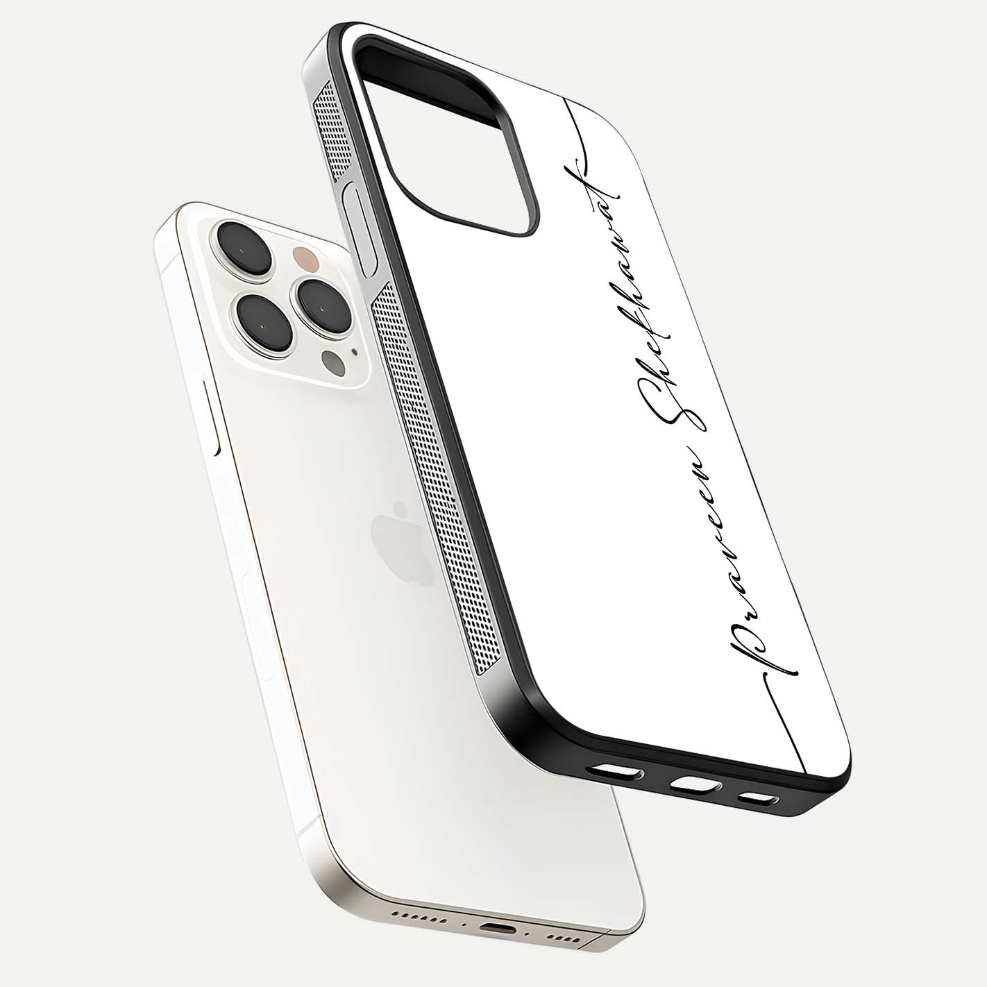 White Tune Custom Name Glass Case for iPhone 15 Pro Max floating dual-view mockup displaying gloss and HD detail