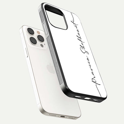White Tune Custom Name Glass Case for iPhone 15 Pro Max floating dual-view mockup displaying gloss and HD detail