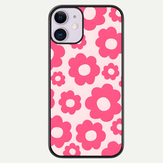 Blush Flower Pop iPhone 11 glass phone case front view featuring playful blush floral artwork with glossy finish