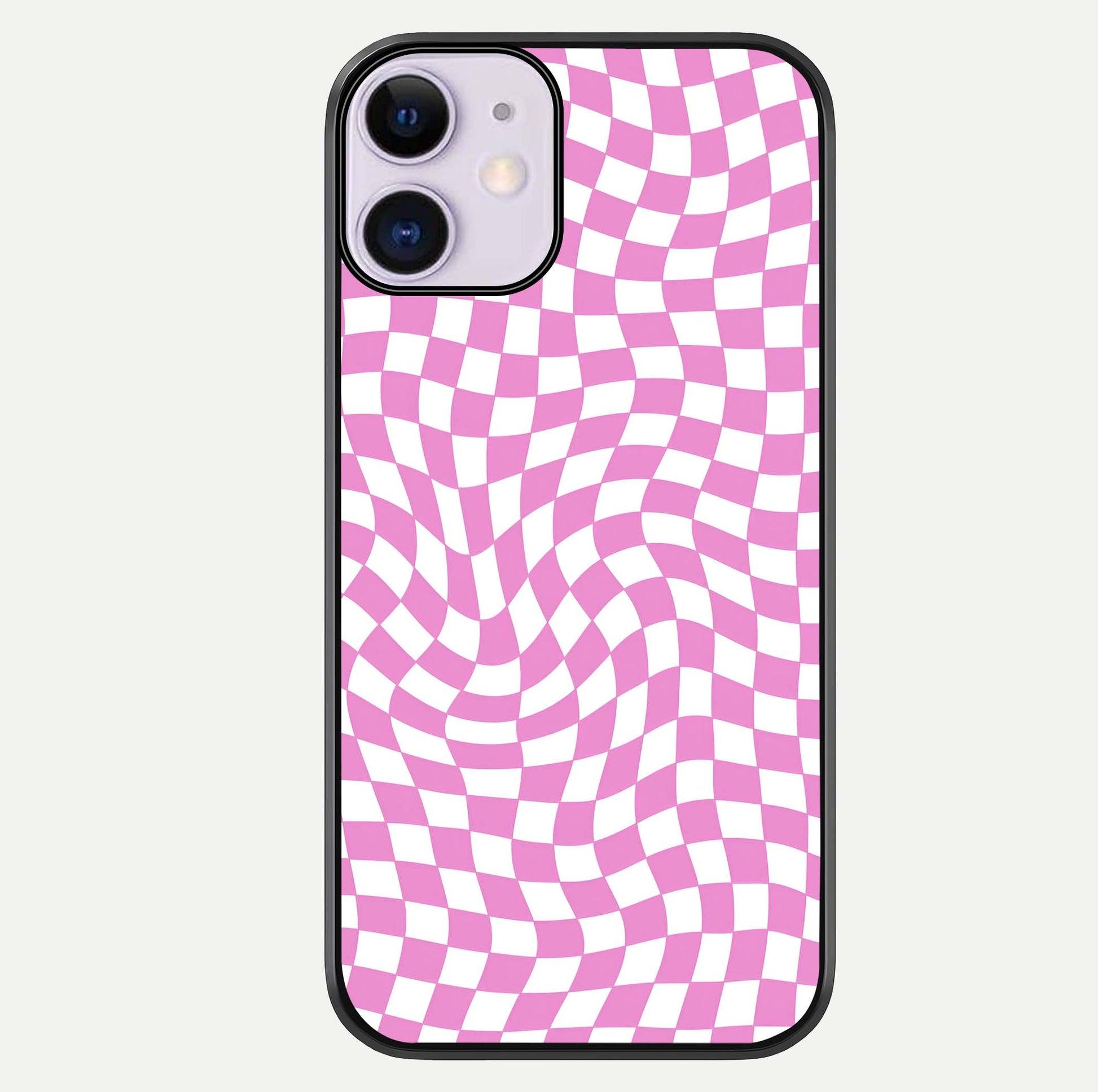 Bubblegum Check Wave iPhone 11 glass phone case front view showcasing playful bubblegum check wave pattern with glossy finish