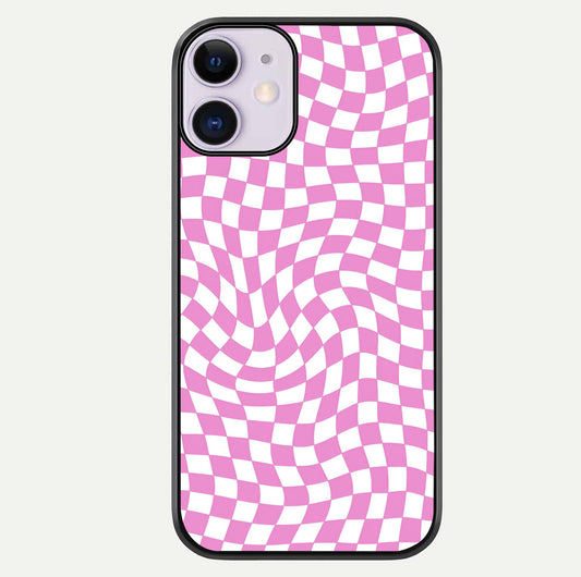 Bubblegum Check Wave iPhone 11 glass phone case front view showcasing playful bubblegum check wave pattern with glossy finish