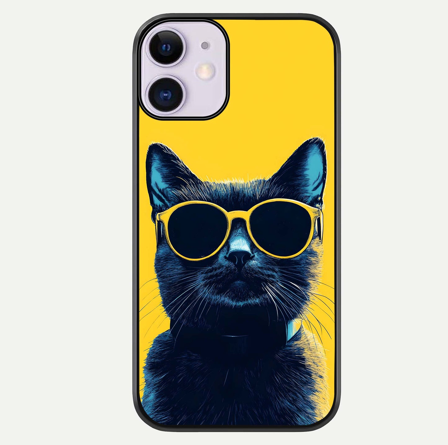 Cool Cat Vibes iPhone 11 glass phone case front view featuring playful cat illustration with cool aesthetic tones