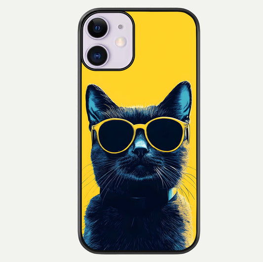 Cool Cat Vibes iPhone 11 glass phone case front view featuring playful cat illustration with cool aesthetic tones
