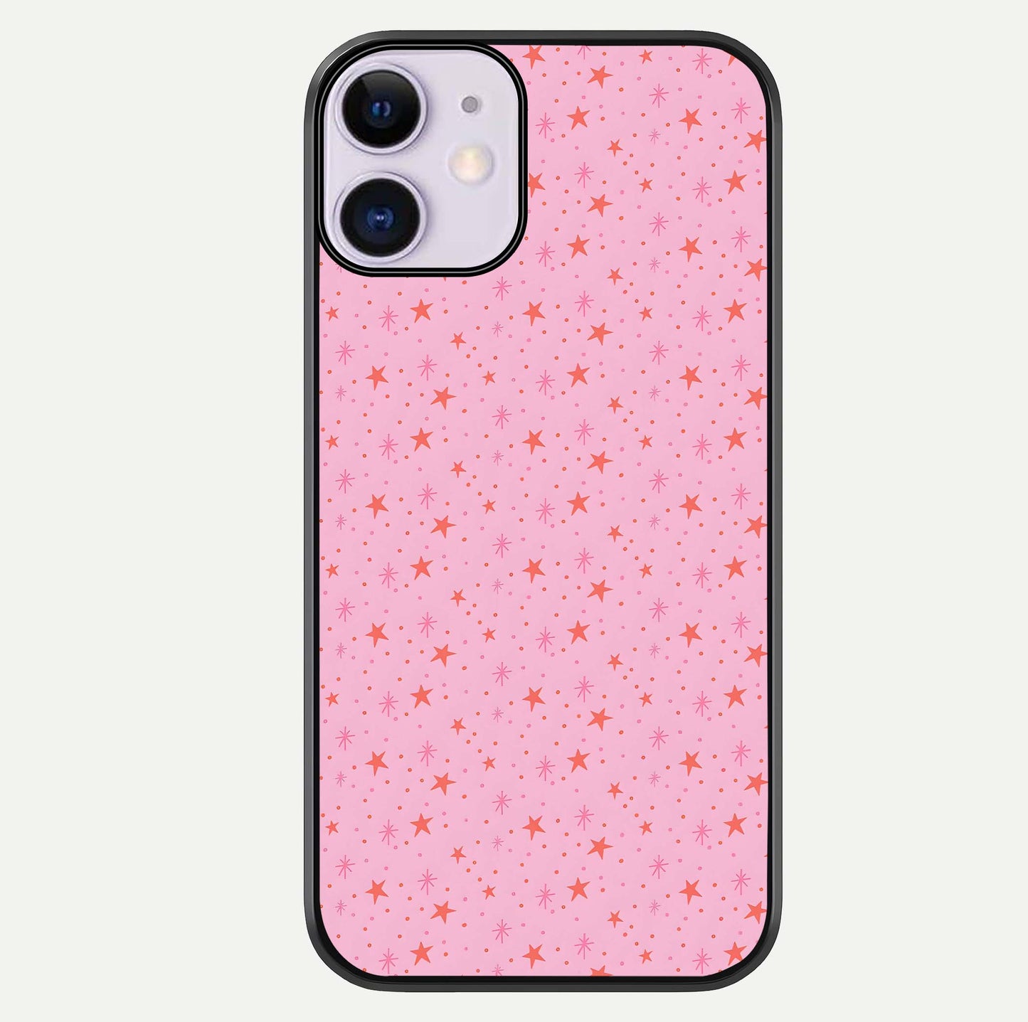 Cosmic Pink Sparkle iPhone 11 glass phone case front view showcasing shimmering pink cosmic artwork with glossy finish