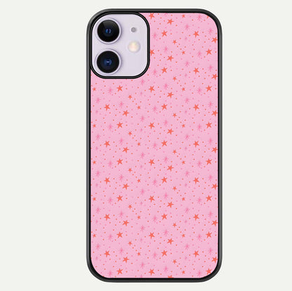 Cosmic Pink Sparkle iPhone 11 glass phone case front view showcasing shimmering pink cosmic artwork with glossy finish