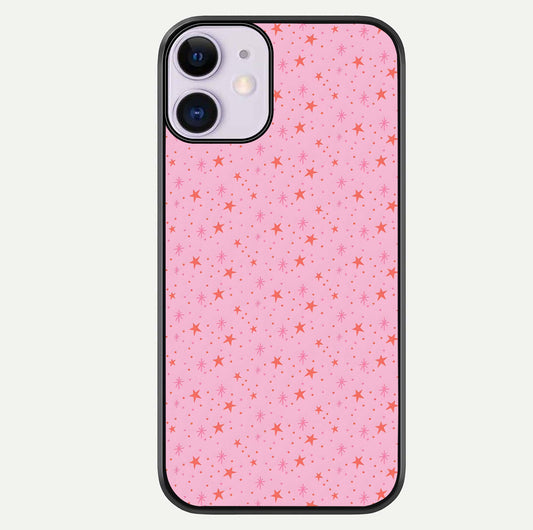 Cosmic Pink Sparkle iPhone 11 glass phone case front view showcasing shimmering pink cosmic artwork with glossy finish