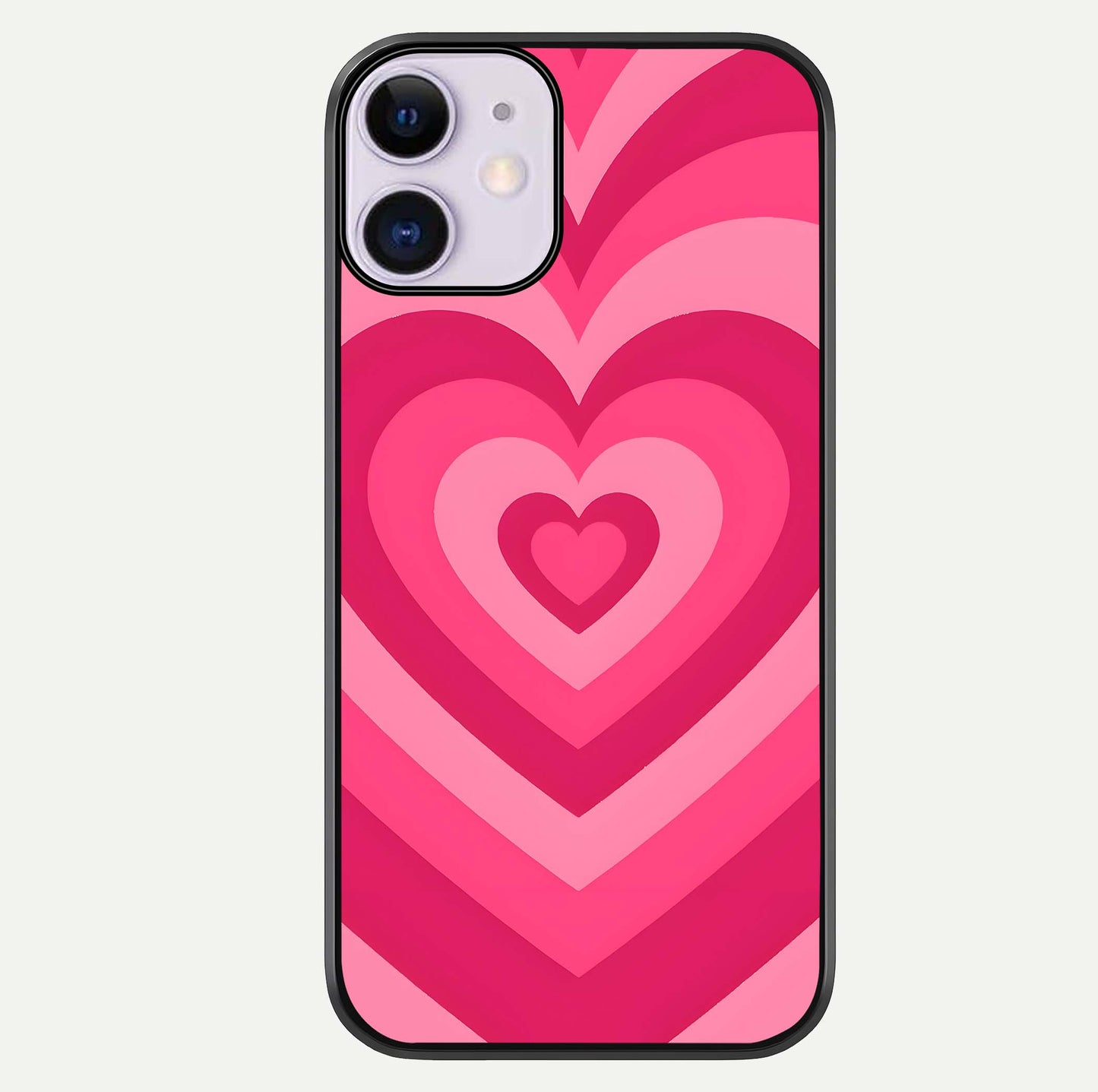 Layered Love Hearts iPhone 11 glass phone case front view showcasing layered heart patterns with romantic aesthetic