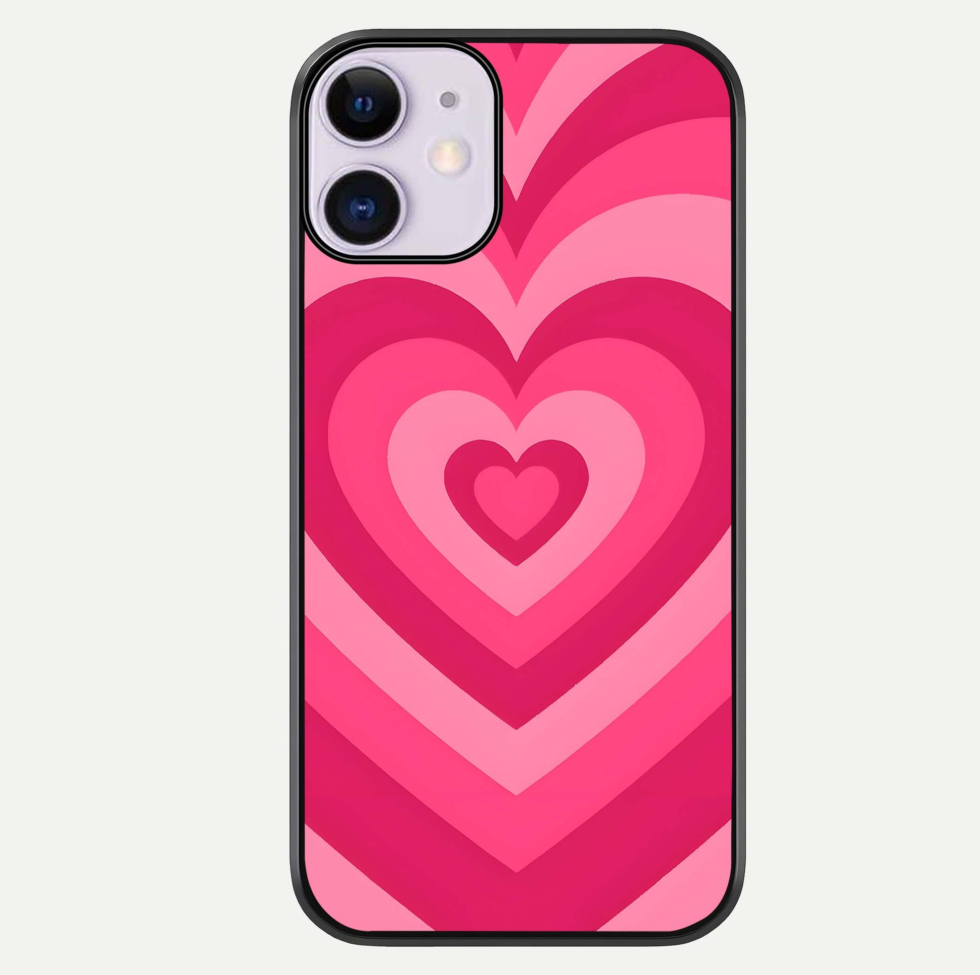 Layered Love Hearts iPhone 11 glass phone case front view showcasing layered heart patterns with romantic aesthetic