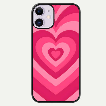 Layered Love Hearts iPhone 11 glass phone case front view showcasing layered heart patterns with romantic aesthetic