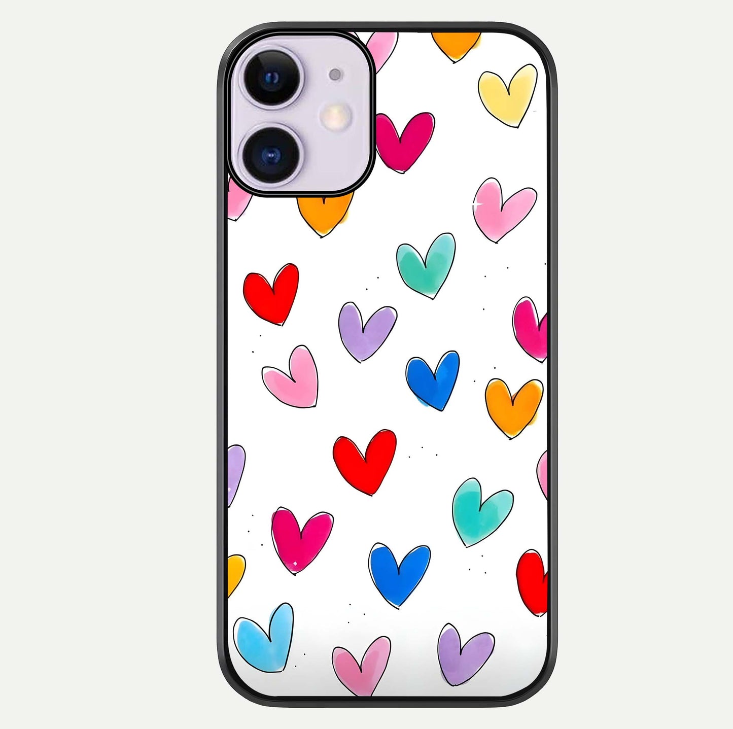 Playful Love Doodles iPhone 11 glass phone case front view featuring cute love doodle illustrations with fun vibe