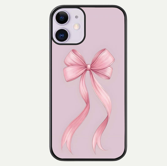 Soft Blush Bow iPhone 11 glass phone case front view showcasing soft blush tones with elegant bow design
