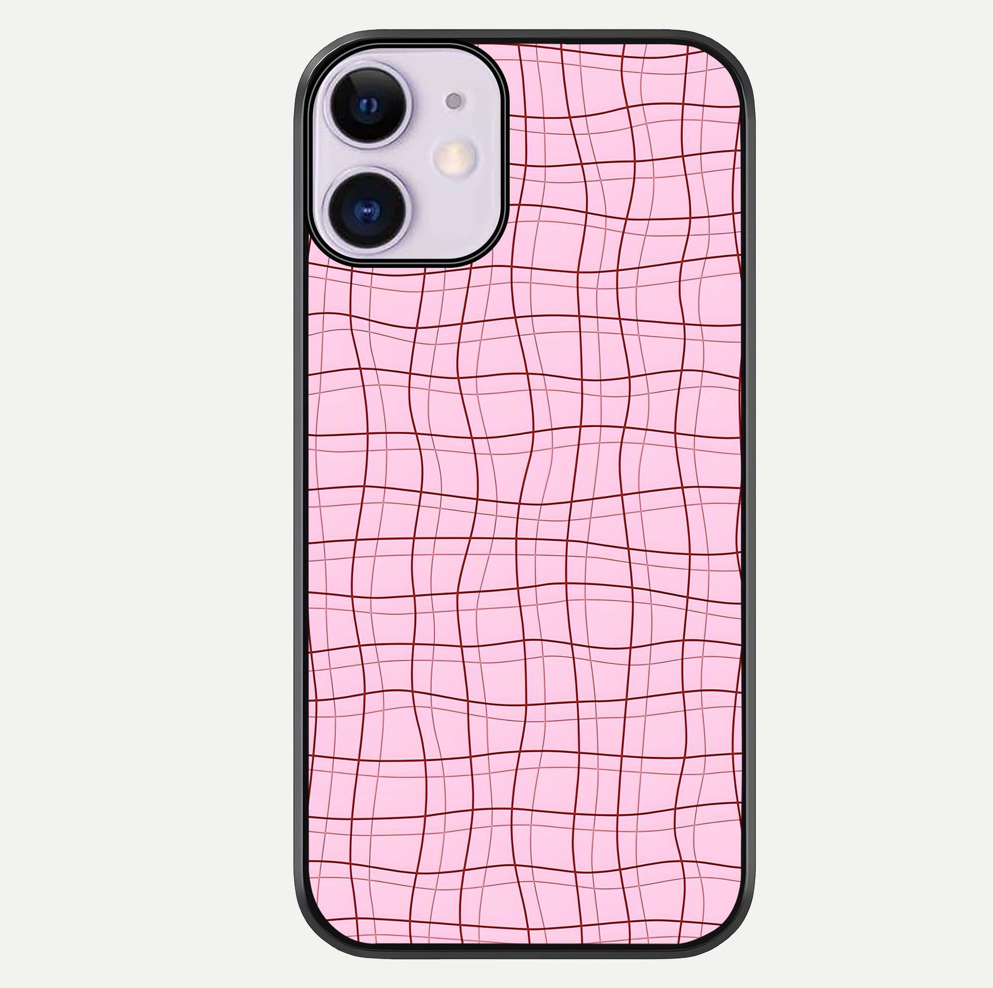 Soft Grid Bliss iPhone 11 glass phone case front view showcasing minimal grid pattern with soft aesthetic
