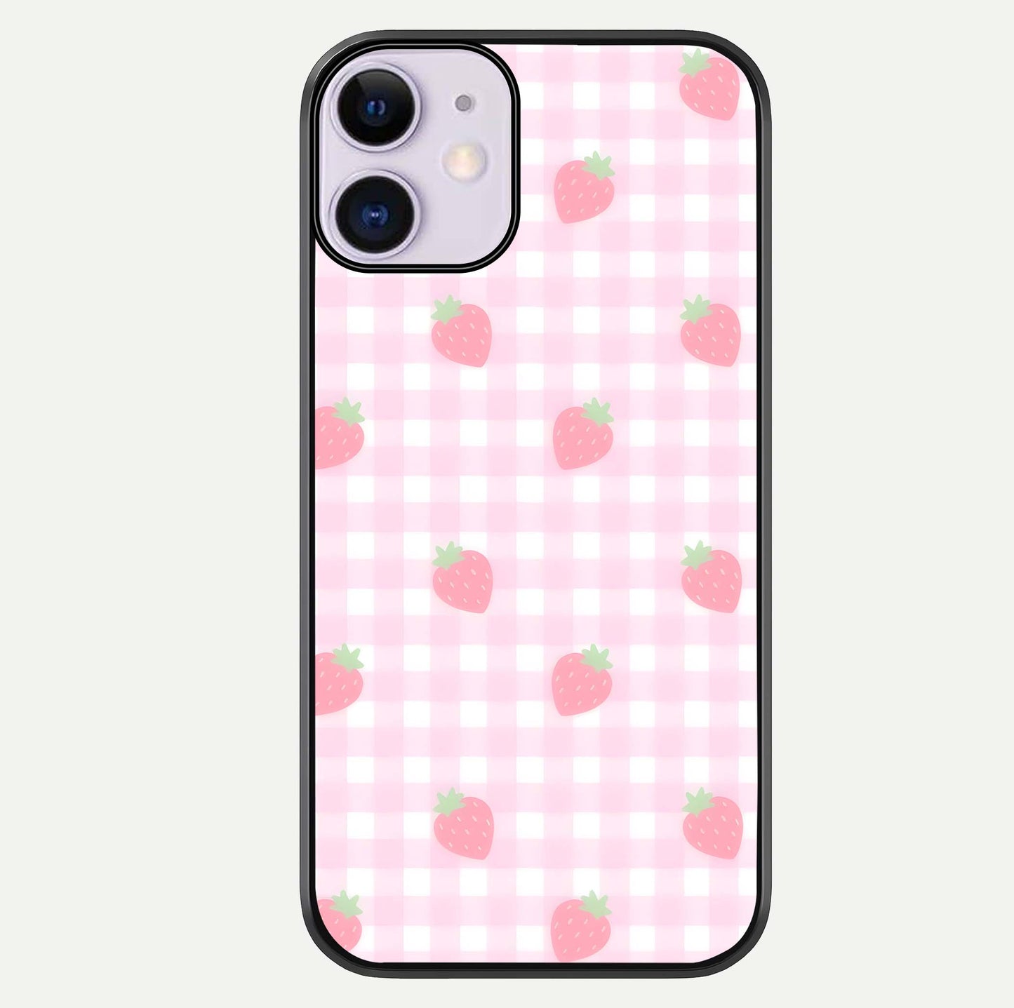 Strawberry Picnic Love iPhone 11 glass phone case front view featuring cute strawberry picnic artwork with romantic vibe