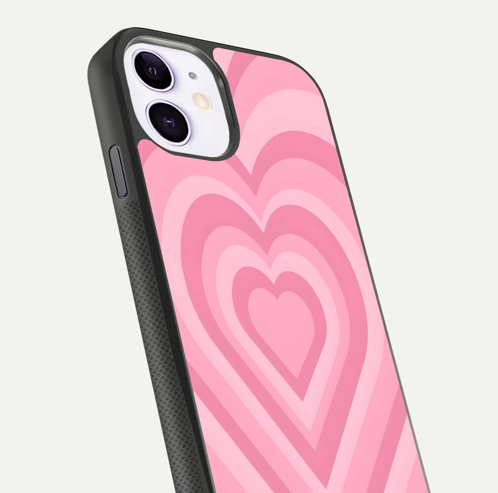 Blush Heart Waves iPhone 11 glass phone case angled back view highlighting romantic heart wave artwork and grip texture