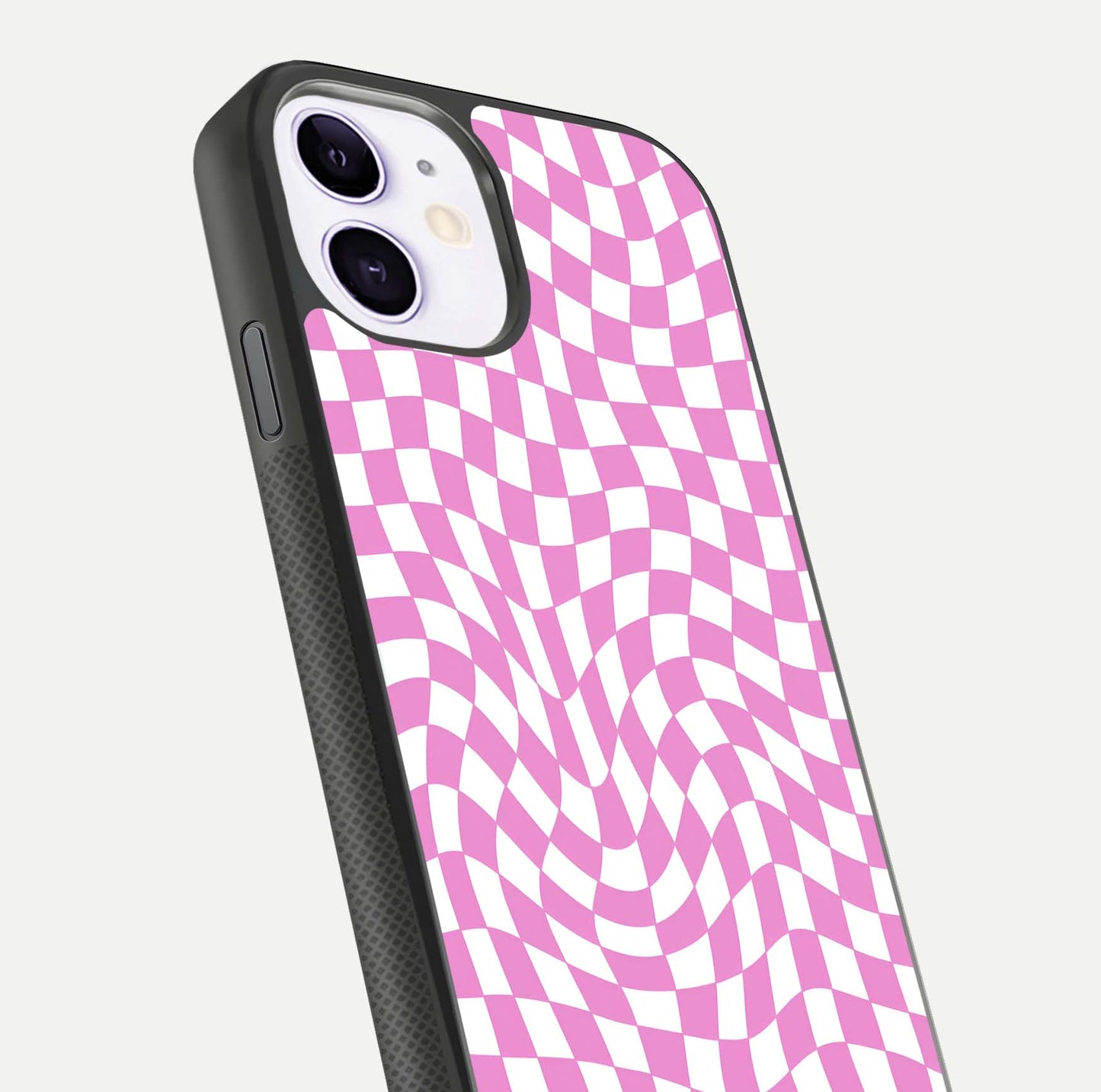 Bubblegum Check Wave iPhone 11 glass phone case angled back view highlighting check wave artwork and side grip texture