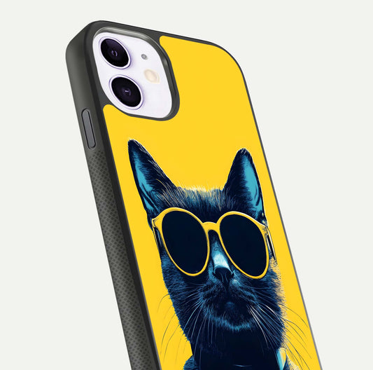 Cool Cat Vibes iPhone 11 glass phone case angled back view highlighting cat artwork and textured side grip