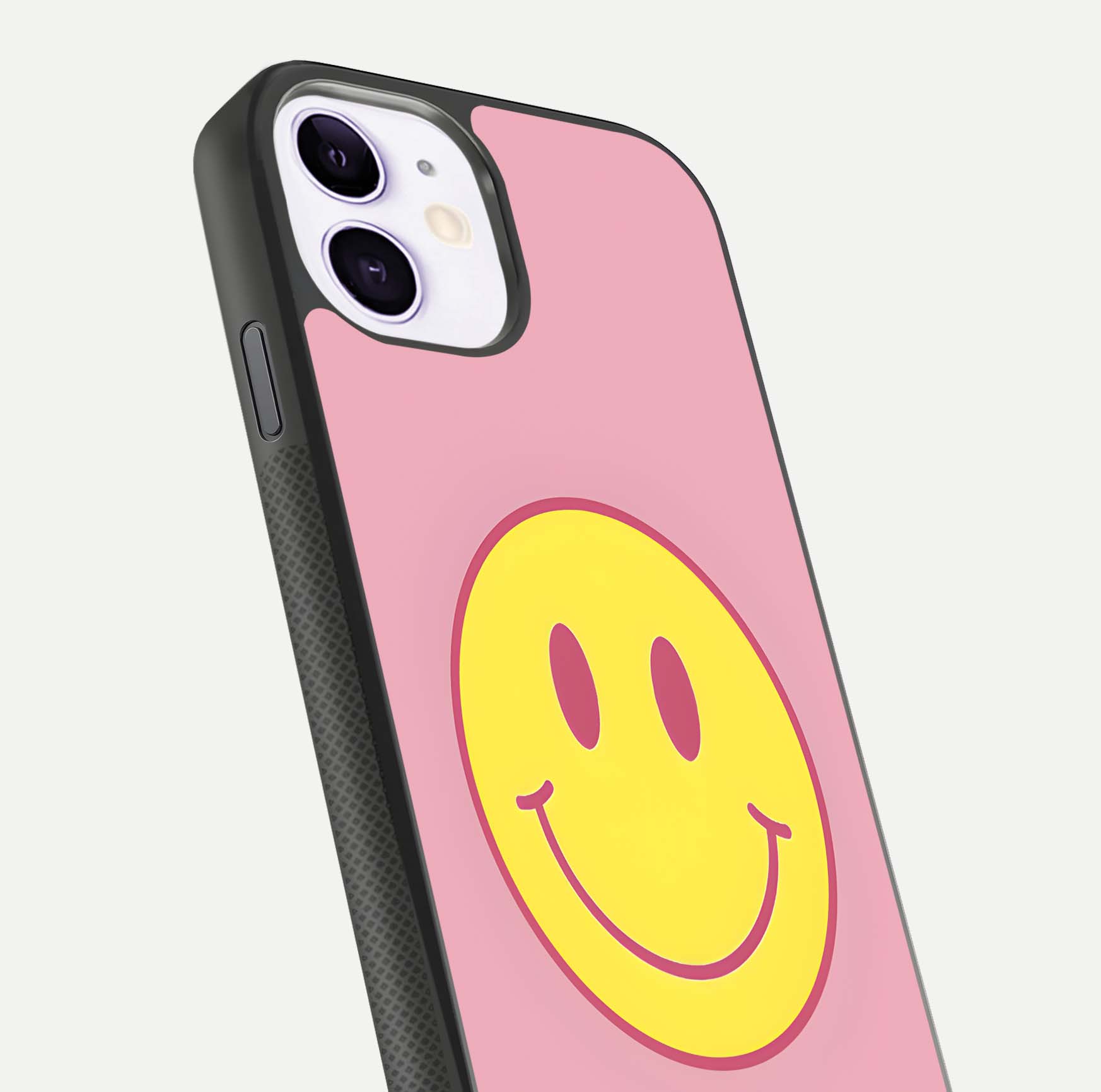 Happy Pink Mood iPhone 11 glass phone case angled back view highlighting bright pink artwork and side grip texture