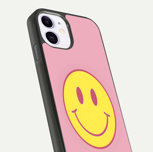 Happy Pink Mood iPhone 11 glass phone case angled back view highlighting bright pink artwork and side grip texture