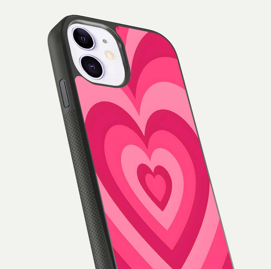 Layered Love Hearts iPhone 11 glass phone case angled back view highlighting heart artwork and textured grip edges