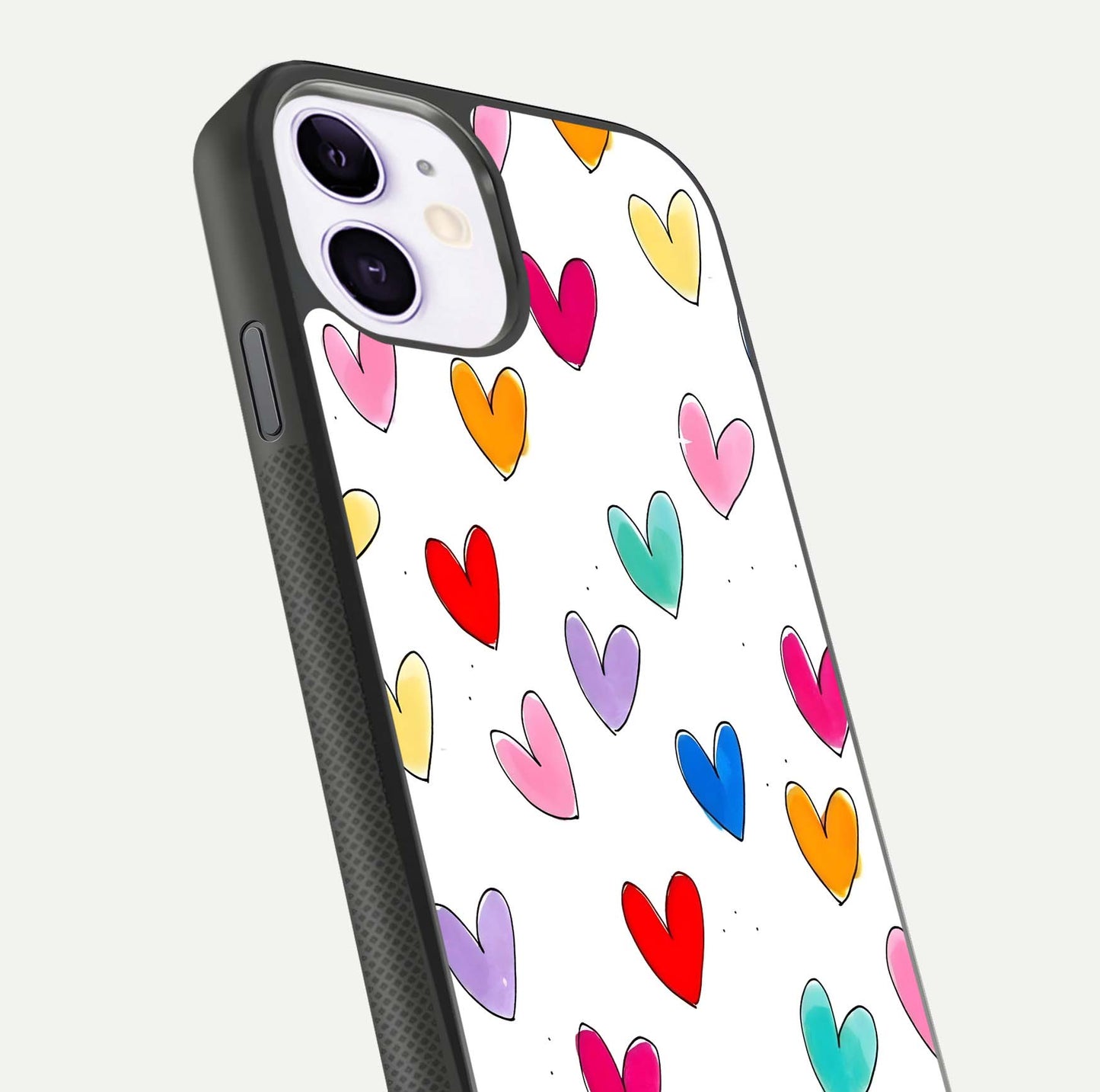 Playful Love Doodles iPhone 11 glass phone case angled back view highlighting doodle artwork and textured grip edges
