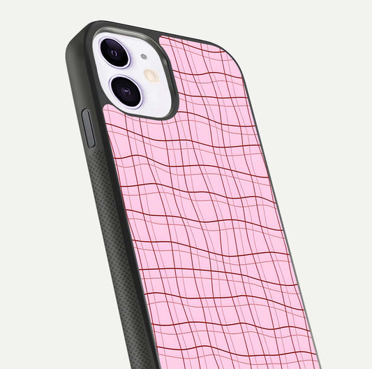 Soft Grid Bliss iPhone 11 glass phone case angled back view highlighting grid artwork and side grip texture