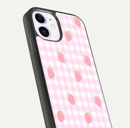 Strawberry Picnic Love iPhone 11 glass phone case angled back view highlighting strawberry illustrations and textured grip