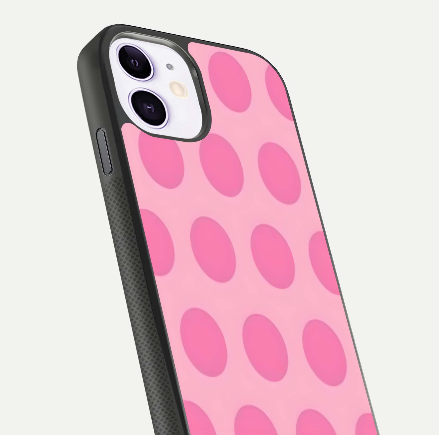 Sweet Dot Dreams iPhone 11 glass phone case angled back view highlighting dotted artwork and side grip texture