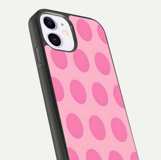 Sweet Dot Dreams iPhone 11 glass phone case angled back view highlighting dotted artwork and side grip texture