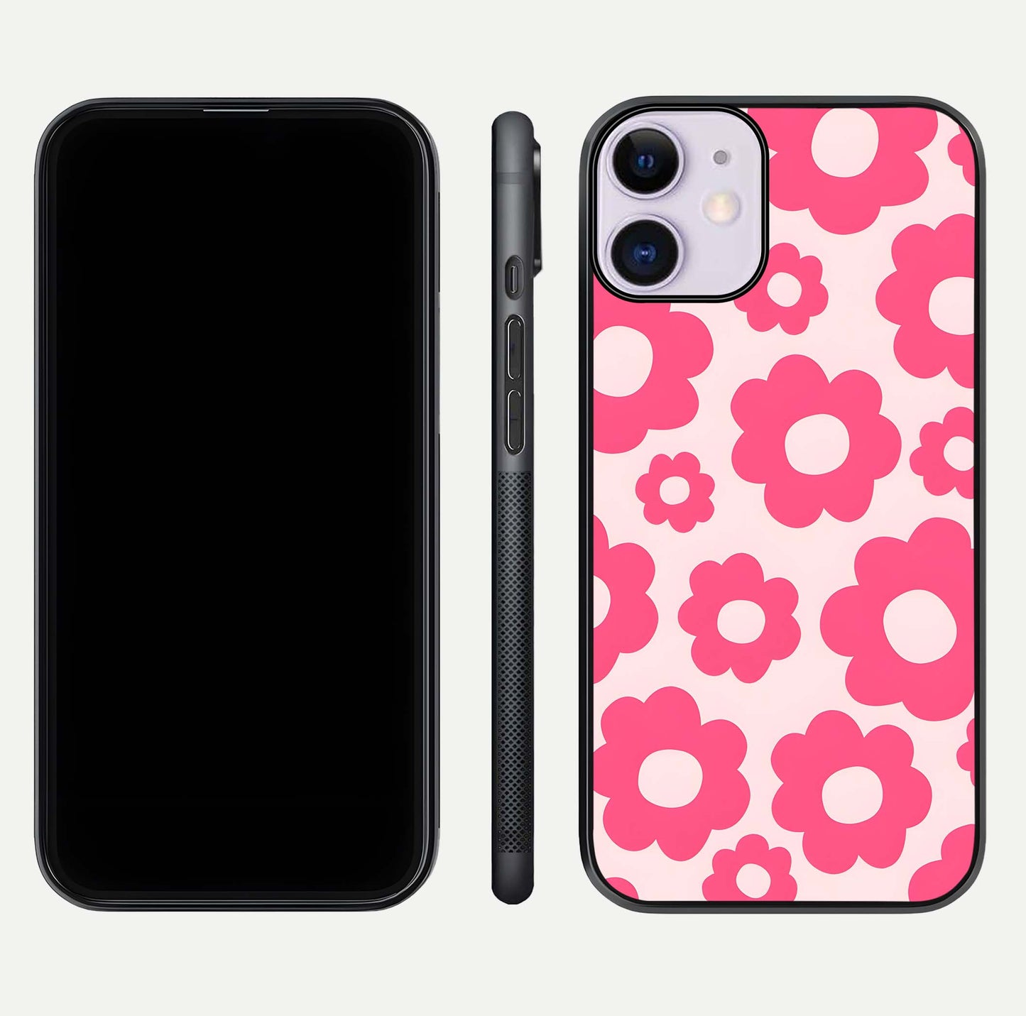 Blush Flower Pop iPhone 11 glass phone case front and side layout view showing slim profile and full floral coverage