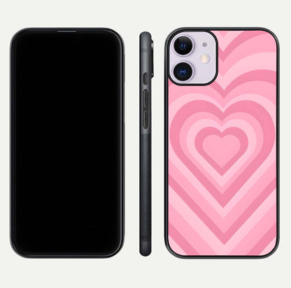Blush Heart Waves iPhone 11 glass phone case front and side layout view displaying slim frame and full heart pattern