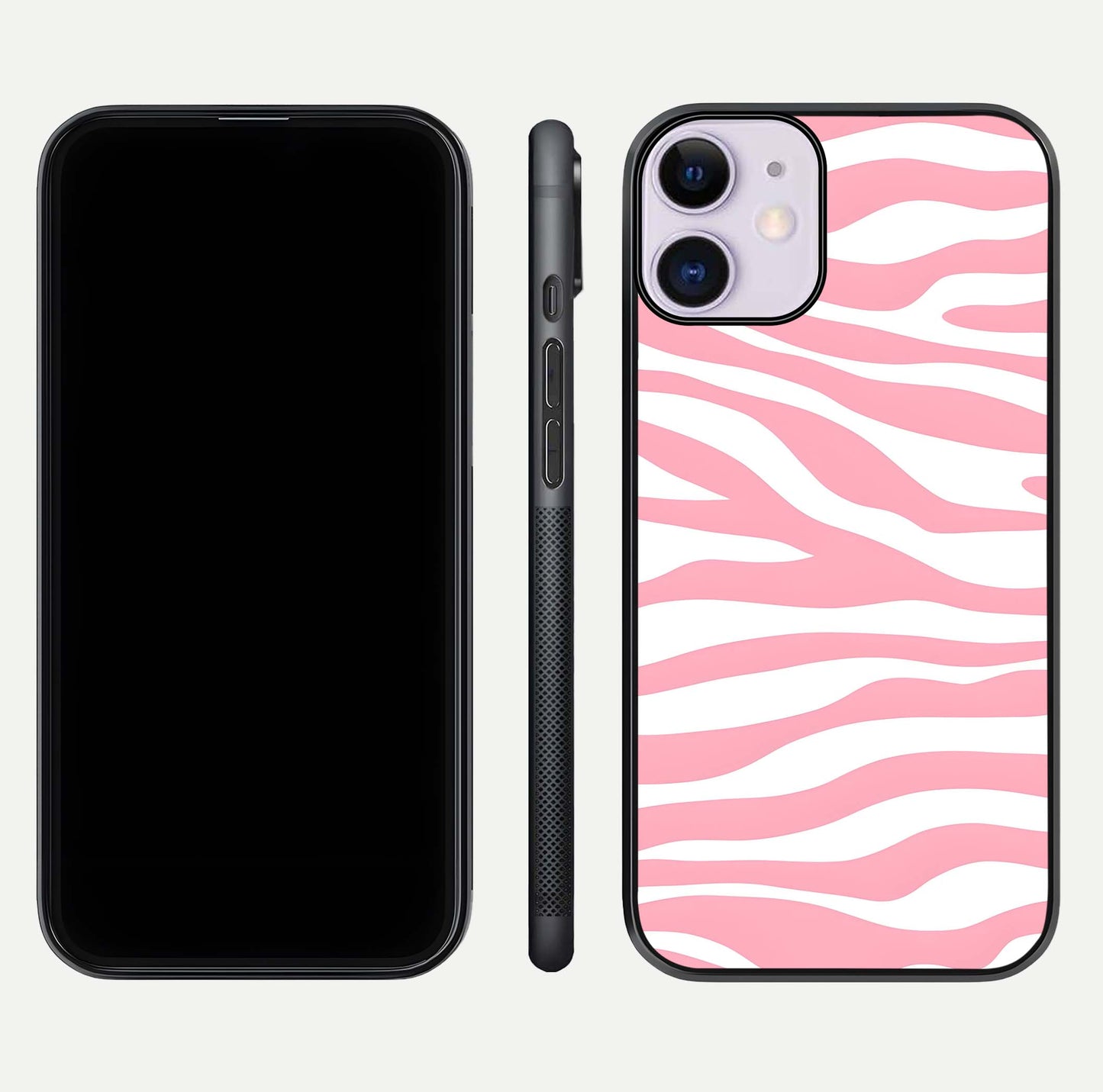 Blush Zebra Flow iPhone 11 glass phone case front and side layout view showing slim build and flowing pattern coverage