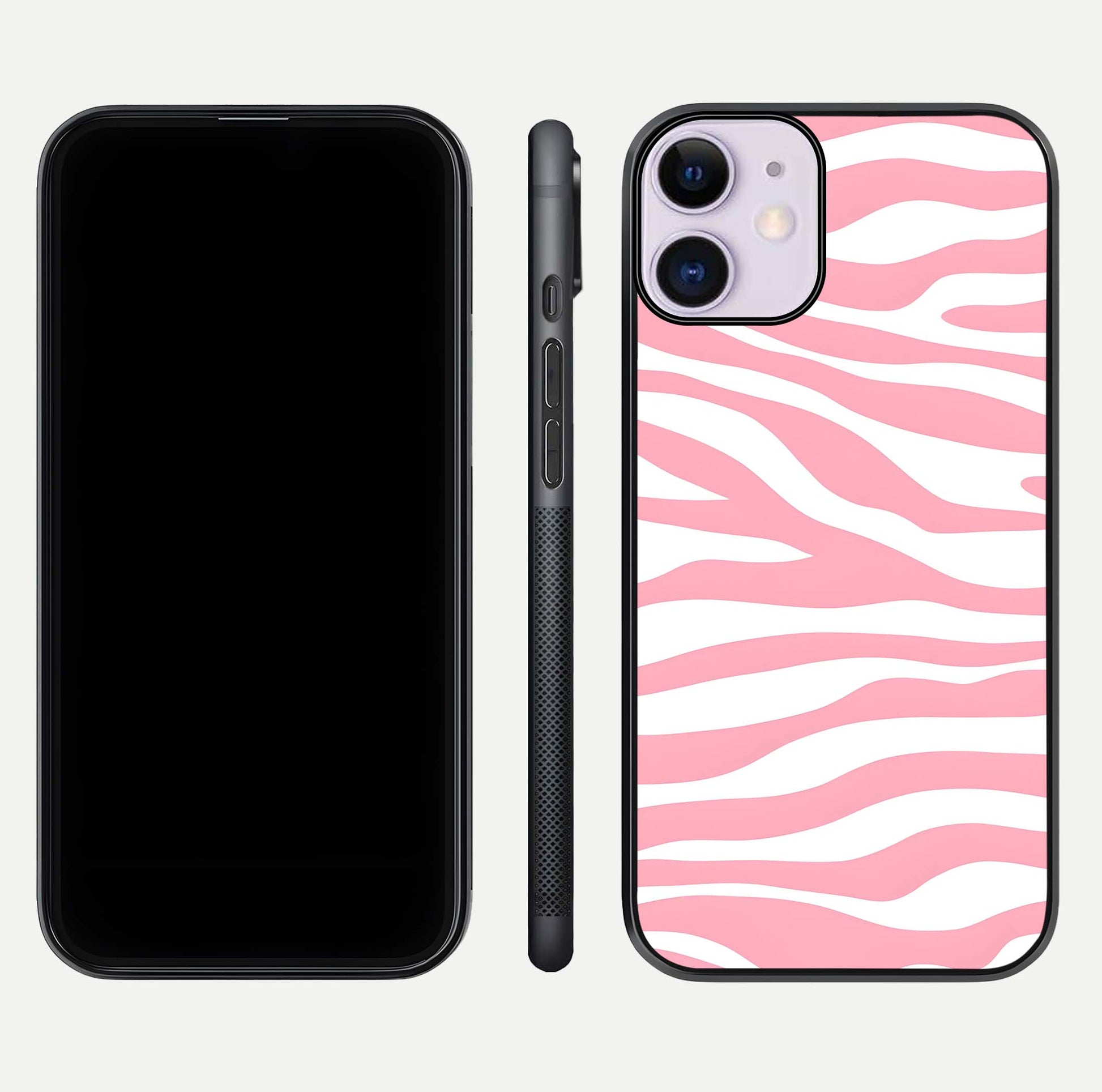 Blush Zebra Flow iPhone 11 glass phone case front and side layout view showing slim build and flowing pattern coverage